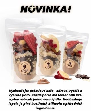NOVINKA Prémiové kaše - zdravé, rychlé a výživné jídlo. Každá porce má téměř 500 kcal a plně nahradí jedno denní jídlo....